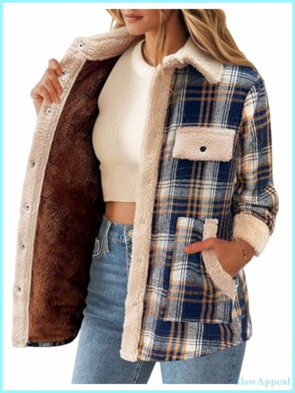 Fleece Lined Plaid Flannel Sherpa Shacket Snap Button Down Loose Fit
